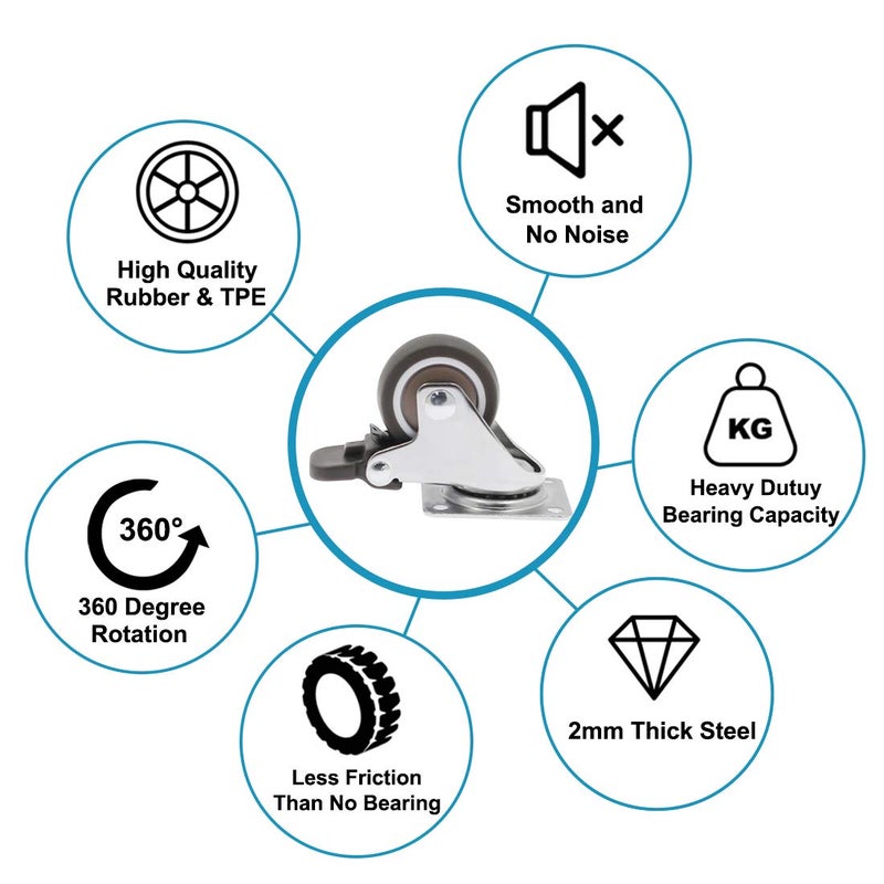 Luomorgo 4 Pack 1" Caster Wheels Rubber Swivel Heavy Duty Casters with 360 Degree Top Plate, 100 lbs Total Capacity Caster for Set of 4 (2 with Brakes & 2 Without) - Image 2